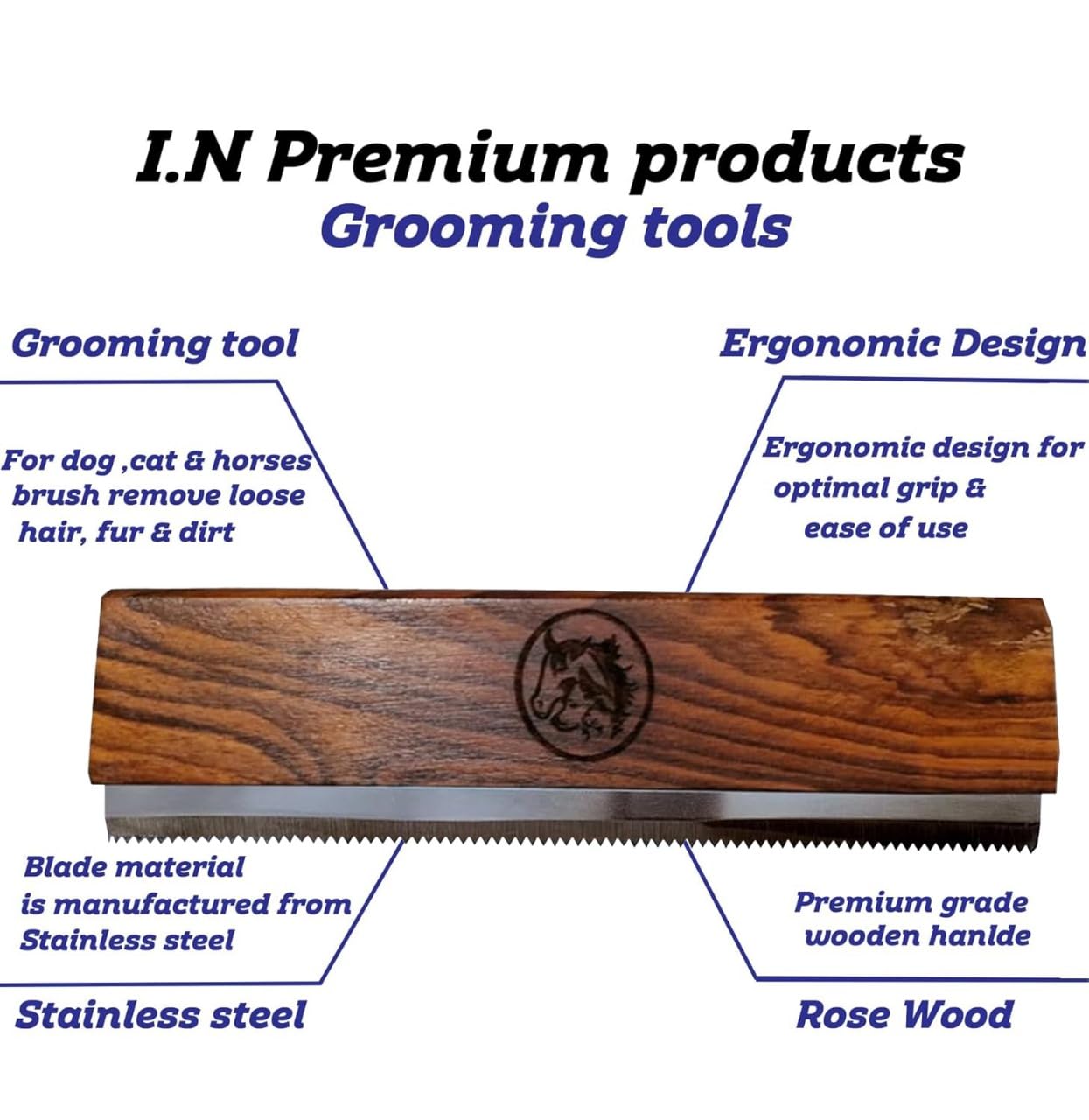 Original Deshedding Grooming Tools for Horse, Cats & Dogs Easy Ergonomic Wooden Handle Professional Brush Grooming Tool, Remove painlessly 95 Percent of Lose Hair Fur & Dirt (5 inch)