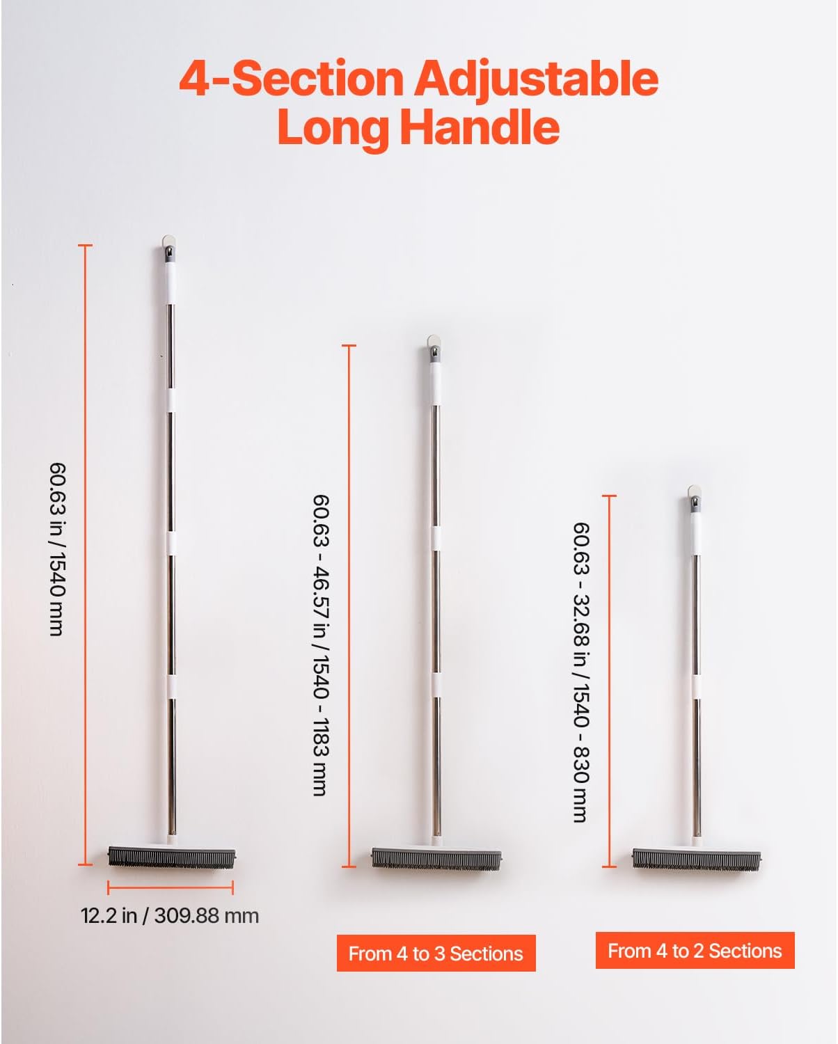 Happybuy Pet Hair Removal Broom, 58.46 in Adjustable Long Handle, Reusable Carpet Rake with Built-in Squeegee for Dog & Cat Hair