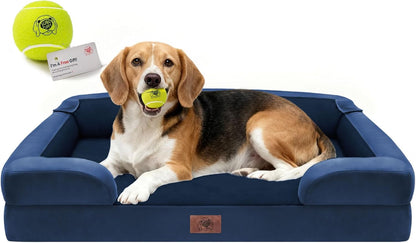 Extra Large Dog Bed, Orthopedic XL Washable Memory Foam Bed for Big Dogs Waterproof Pet Couch Sofa Bolster with Removable Cover, Non-Slip Bottom, Tennis Ball Toy, 42x30
