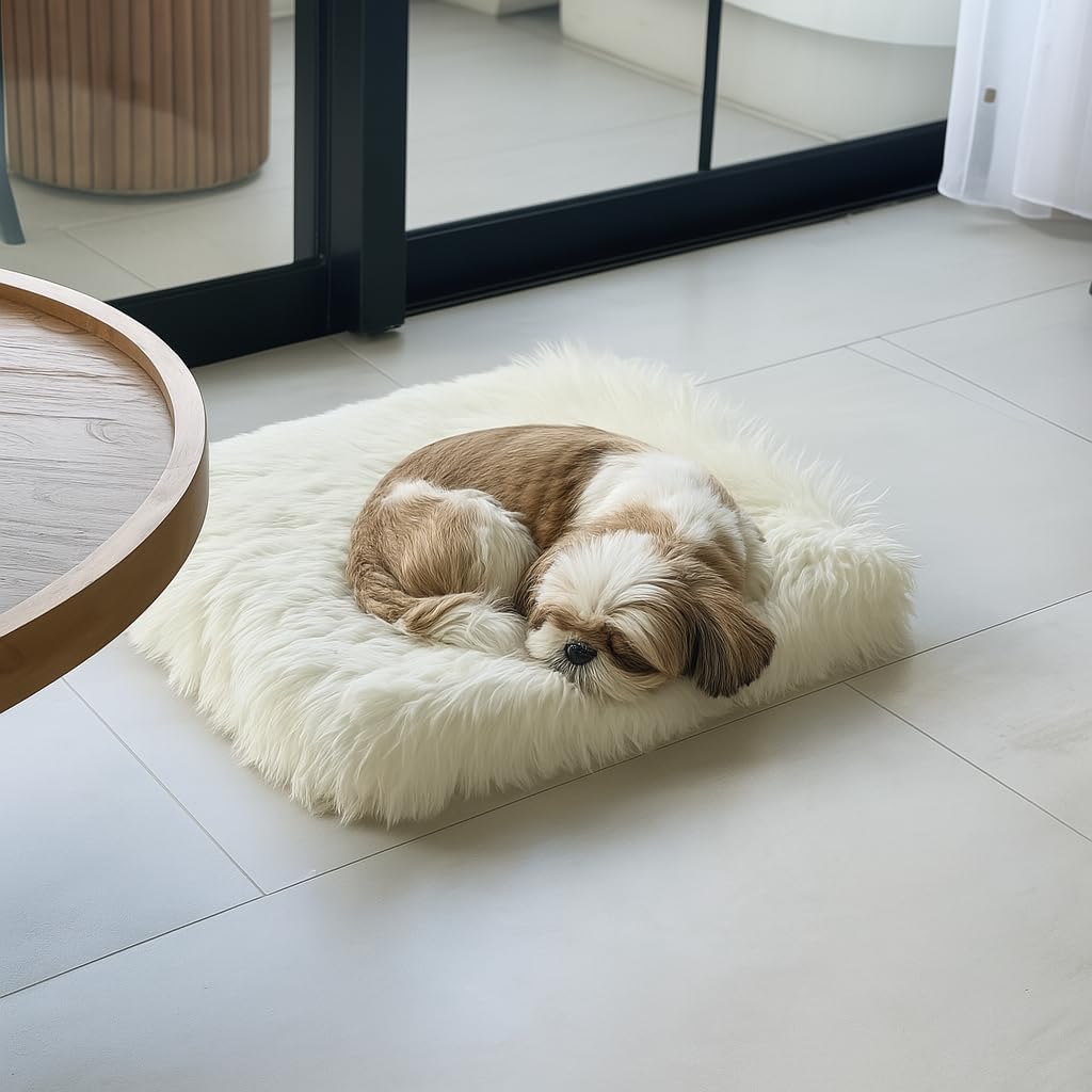 IHAPPYDOG Luxury Faux Fur Orthopedic Dog Bed, Memory Foam Dog Bed for Small, Medium, Large and XL Pets, Fluffy Pet Bed with Waterproof and Washable Cover (White w/Brown Tips, 50"x30")