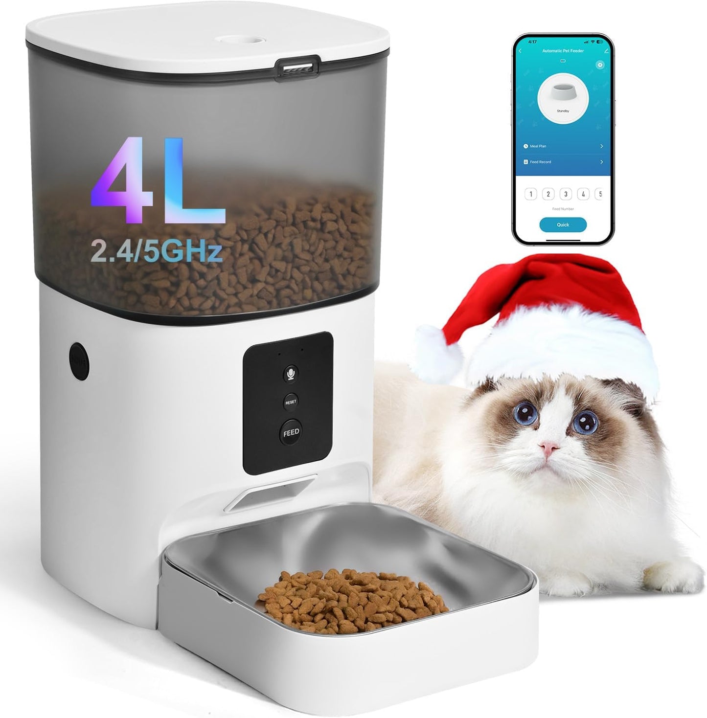 ANDOLL HOME Automatic Cat Feeder, 4L Cat Food Dispenser with 10s Voice Recorder, Pet Feeder up to 8 Meals per Day, Timed Dog Feeder with Dry Food Sealed Ring