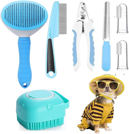 7 Pcs Cat Dog Brush Grooming Kits, Self-Cleaning Slicker Brush, Pet Nail Clipper and File, Flea Comb, Pet Shampoo Bath Brush, Pet Finger Toothbrush, Storage Bag (Pink)