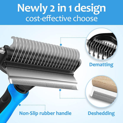 Undercoat Rake for Dogs, 2 in 1 Dematting Comb & Deshedding Tool for Long Hair Pets, Pet Hair Grooming Brush, Clear Mats and Tangles, Reduces Shedding by 95%