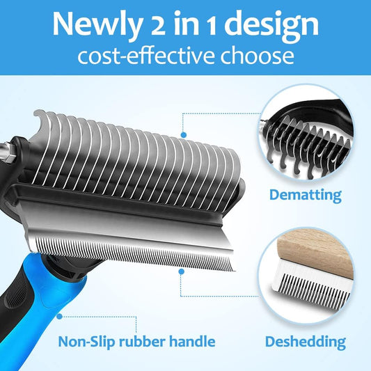 Undercoat Rake for Dogs, 2 in 1 Dematting Comb & Deshedding Tool for Long Hair Pets, Pet Hair Grooming Brush, Clear Mats and Tangles, Reduces Shedding by 95%