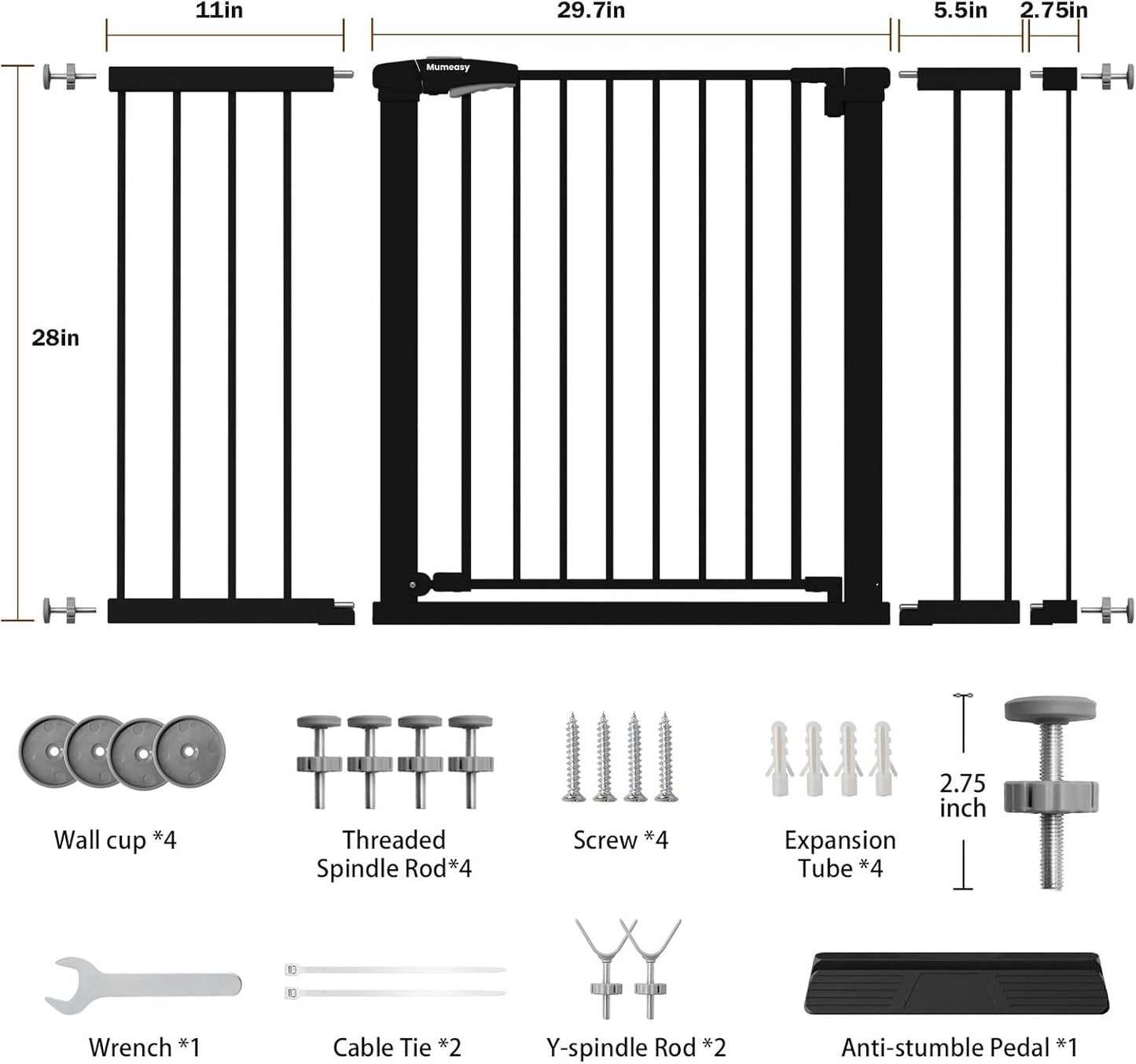 Mumeasy Baby Gate Extra Wide, 29.7-51'' Pressure Mounted Dog Gate with Walk Thru Door, Auto Close Pet Gate for House, Stairs, Doorways,Black