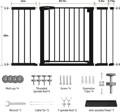 Mumeasy Baby Gate Extra Wide, 29.7-51'' Pressure Mounted Dog Gate with Walk Thru Door, Auto Close Pet Gate for House, Stairs, Doorways,Black