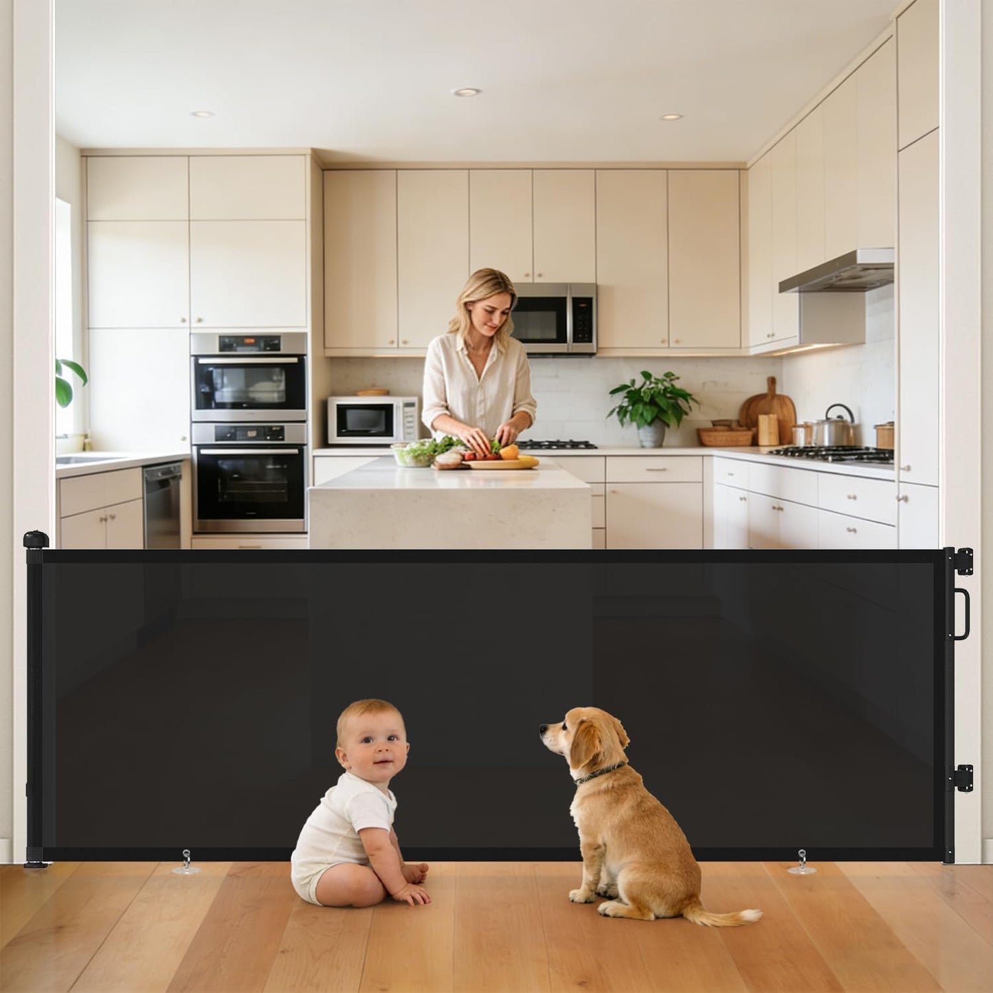 Retractable Baby Gate for Stairs & Doorways, Mesh Dog Gate Indoor Outdoor, Extends to 55" Wide 34" Tall Child Gate for Hallways, Deck, Porch, Pet Toddler Safety Essentials, Easy Install, Grey