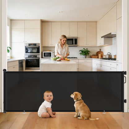 Retractable Baby Gate for Stairs & Doorways, Mesh Dog Gate Indoor Outdoor, Extends to 55" Wide 34" Tall Child Gate for Hallways, Deck, Porch, Pet Toddler Safety Essentials, Easy Install, Grey