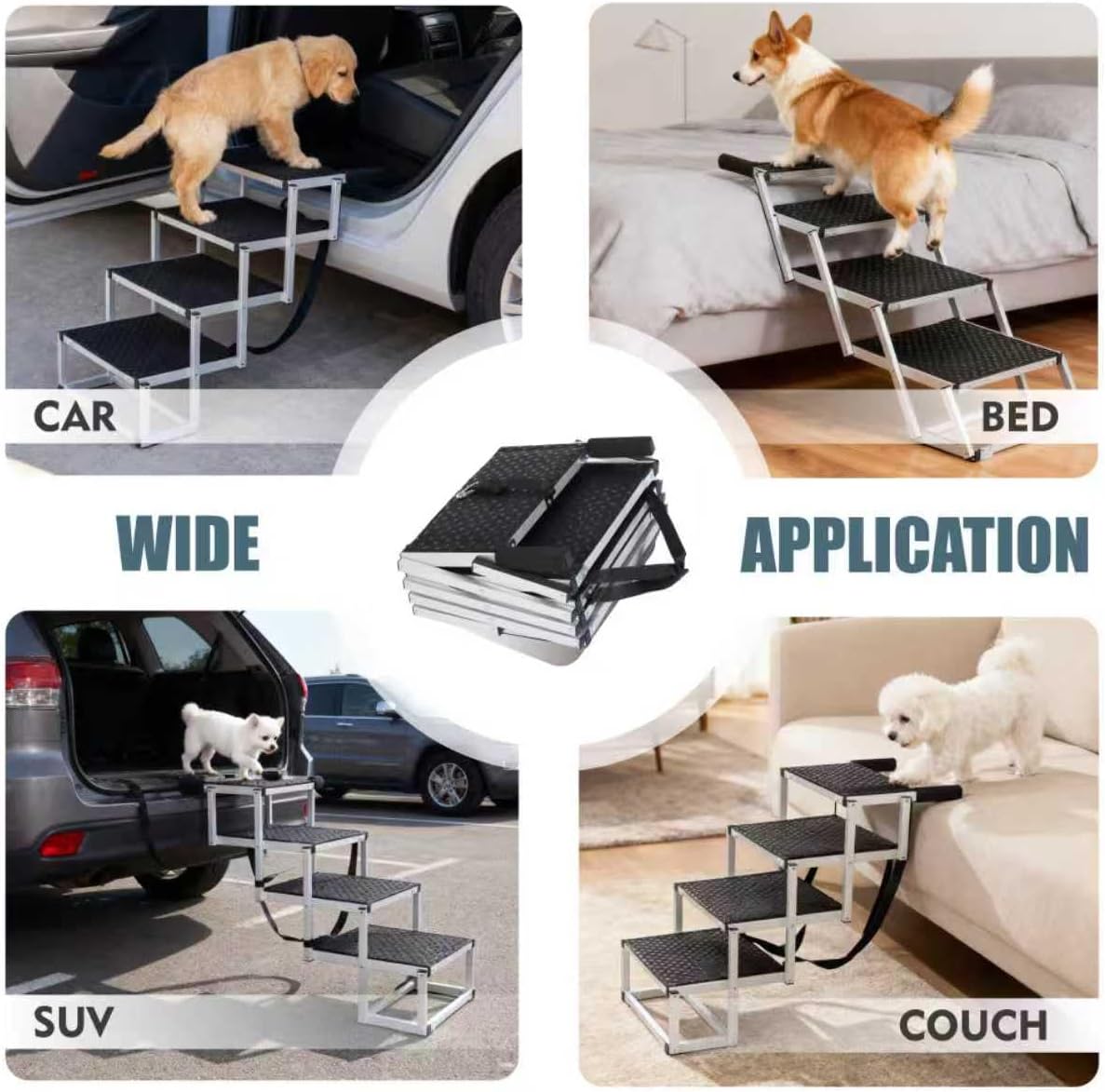 Foldable Dog Stairs for Cars, 4 Steps Wide Dog Ramp for Large Dogs with Non-Slip Surface, Lightweight Aluminum Foldable Steps for High Beds, Cars, SUVs, Trucks, Supports up to 250 lbs