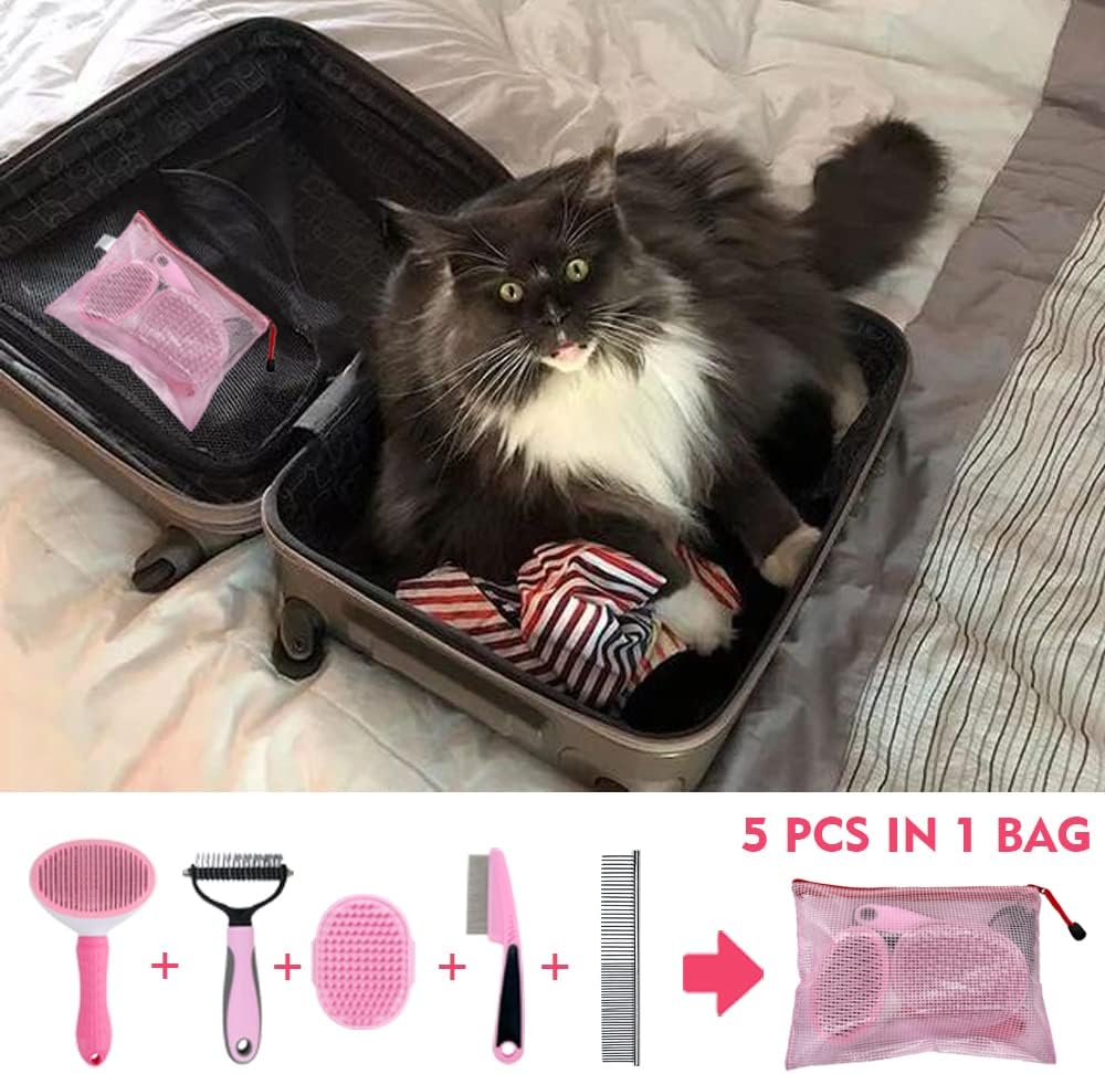 Dog Brush Grooming Kit 5PCS - Dog Brush for Shedding,Puppy Brush and Flea Comb for Dogs, Slicker Brush Comb and Dog Hair Brush Set Blue, Grooming at Home or Travel
