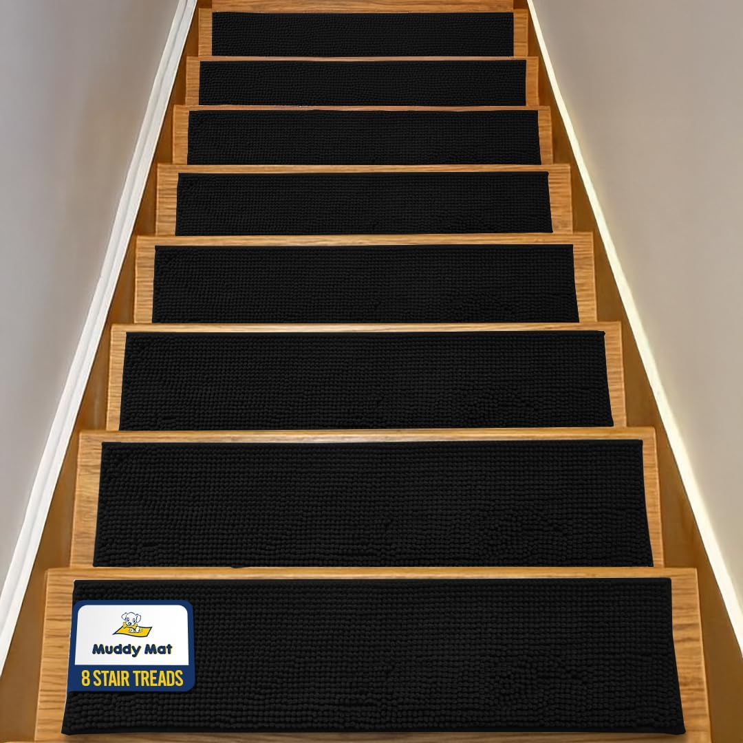 Muddy Mat® Pack of 4 - Soft Chenille Stair Treads Non-Slip Reusable, Super Absorbent Stair Treads for Wooden Steps, Tile & Marble Floor, Easy to Install & Machine Washable - Grey 30'' x 7''