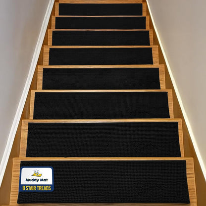 Muddy Mat® Pack of 4 - Soft Chenille Stair Treads Non-Slip Reusable, Super Absorbent Stair Treads for Wooden Steps, Tile & Marble Floor, Easy to Install & Machine Washable - Grey 30'' x 7''