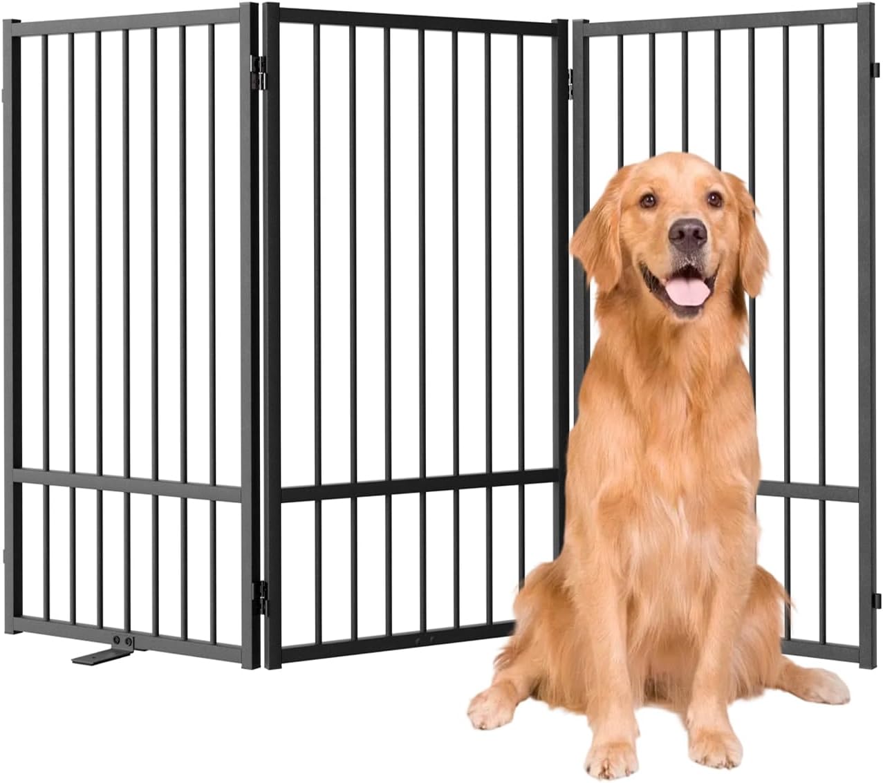 SNUOWU Full Metal Freestanding Dog Gate with Door, 32''Height Foldable Pet Dog Fence for Indoor & Outdoor, 4 Panels Extra Wide Free Standing TallDog Gates for Doorways,House,Stairs,Porch,Deck,Yard