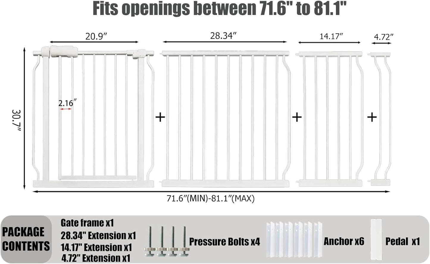 24-29 Inch Narrow Baby Gate, Pressure Mounted No Drilling Dog Gate for Stairs & Doorways, White Metal Safety Gate Indoor for Kids and Pets