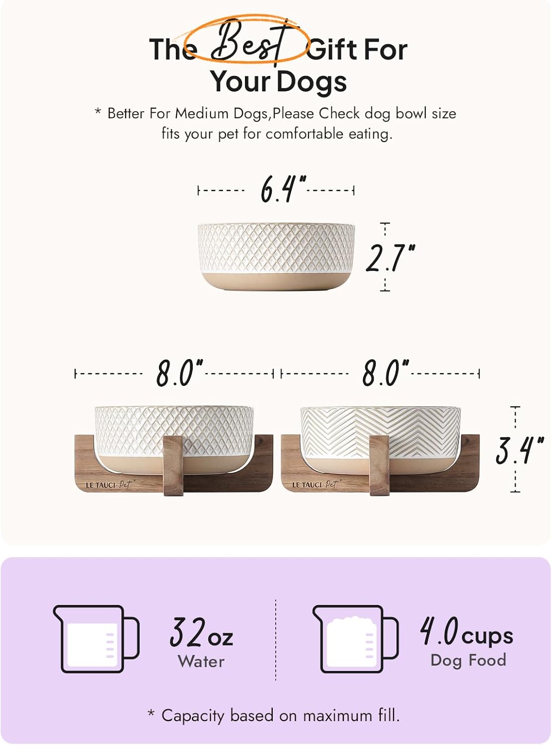 LE TAUCI PET Ceramic Dog and Cat Bowl Set with Acacia Wood Stand - 2 Cup Weighted Non-Slip Food and Water Bowls for Small Dogs & Cats, Lines + Dot