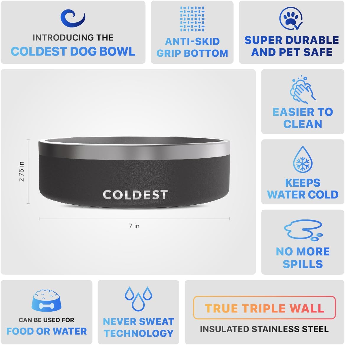 Coldest Dog Bowl - Anti Rust Metal, Non Slip, 3 Layers Insulated Stainless Steel Dog Bowls - Spill Proof & Heavy Duty - Water Bowl for Dogs, Cats & Pets, Dish Washer Safe (21 oz, Stealth Black)