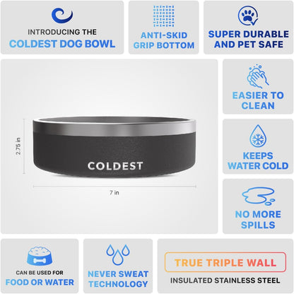 Coldest Dog Bowl - Anti Rust Metal, Non Slip, 3 Layers Insulated Stainless Steel Dog Bowls - Spill Proof & Heavy Duty - Water Bowl for Dogs, Cats & Pets, Dish Washer Safe (21 oz, Stealth Black)