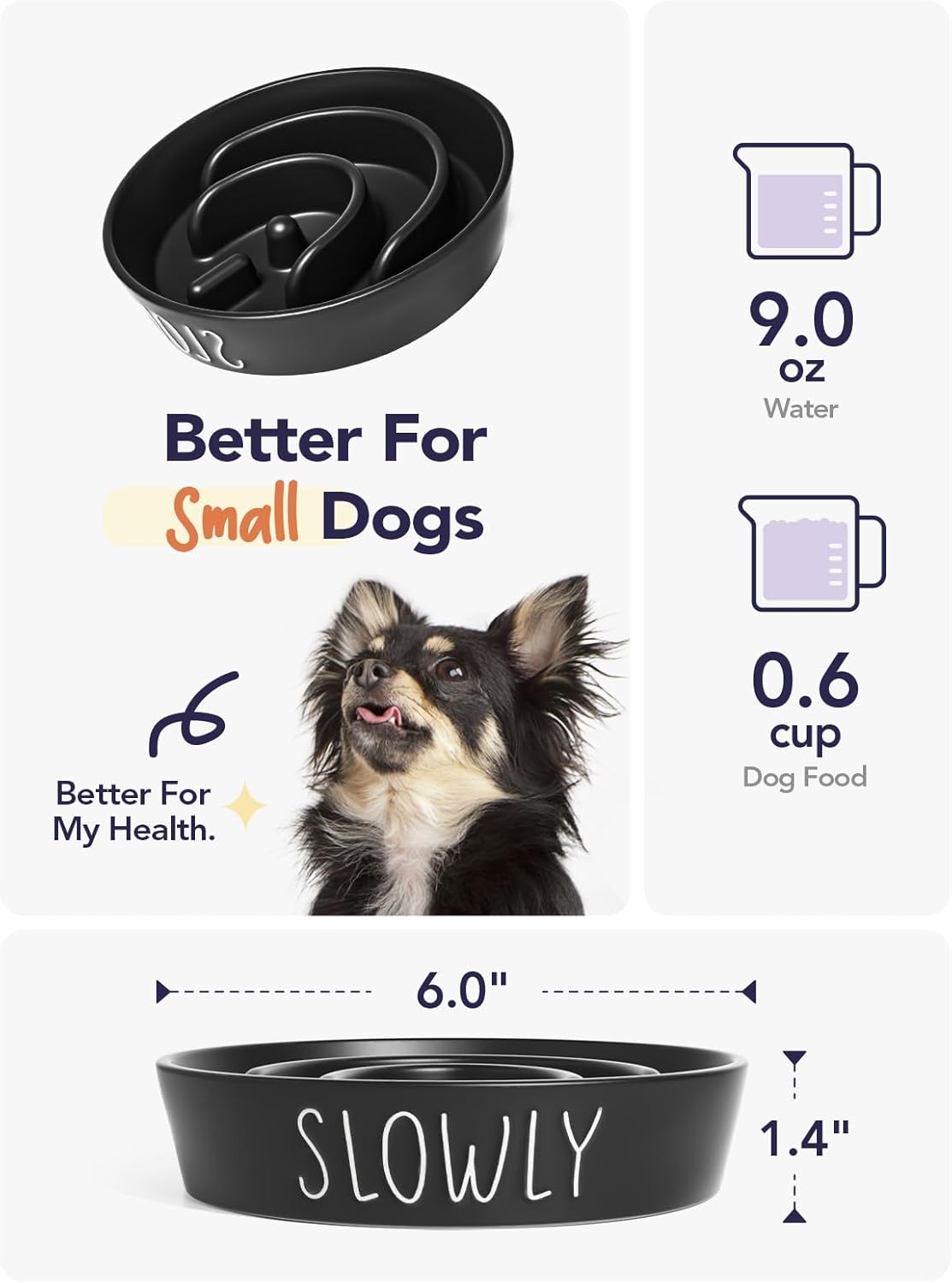 Slow Feeder Dog Bowl - 1.5 Cups Ceramic Puzzle Feeder for Small & Medium Breeds, Maze Design Bowl for Puppy & Fast Eaters, White Pet Dish to Control Eating Speed