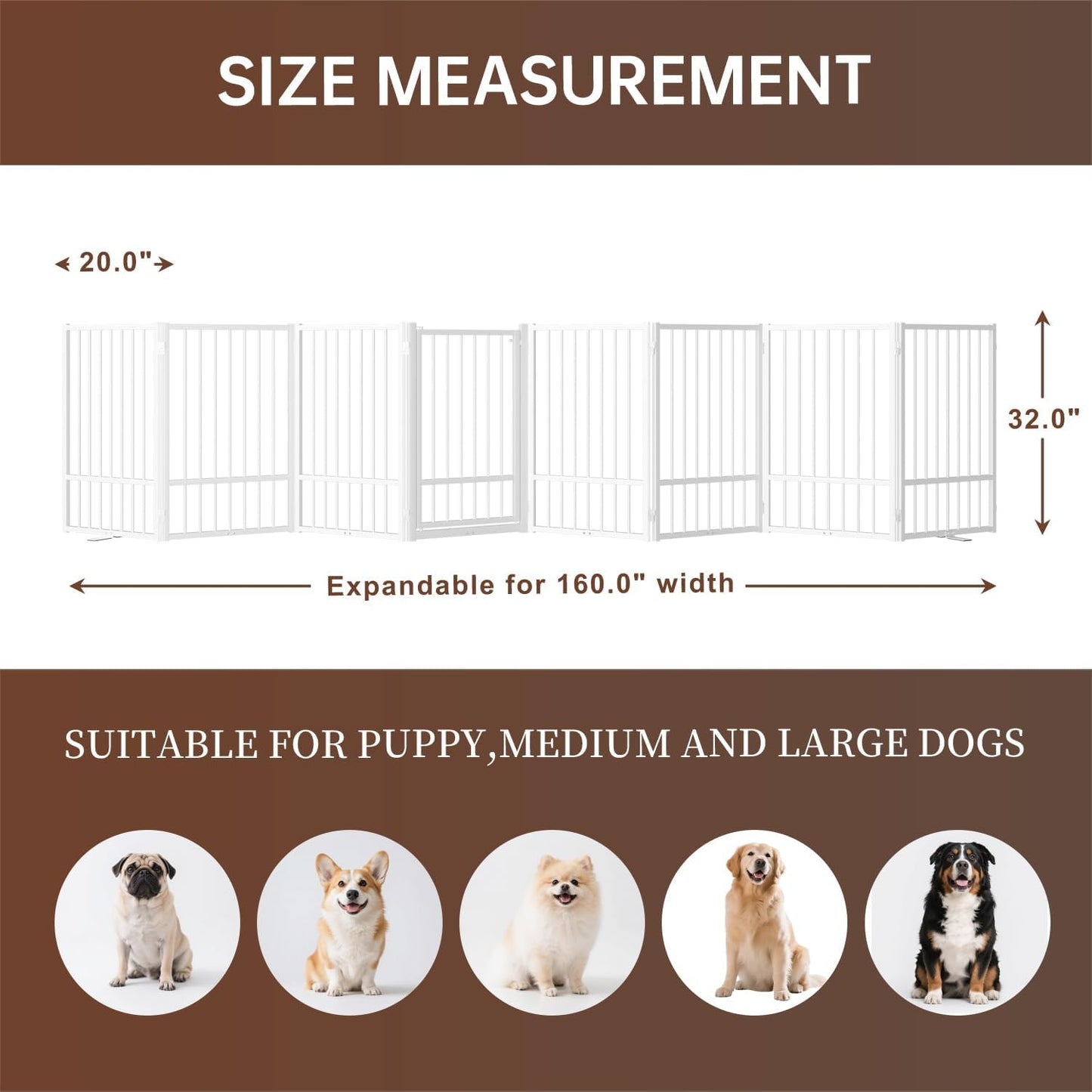 4 Panels Full Metal Freestanding Dog Gates with Door, 80” W x 32” H Folding Pet Gate Fence with Support Feet for Indoor,Stairs, Hallways and Doorways(Black)