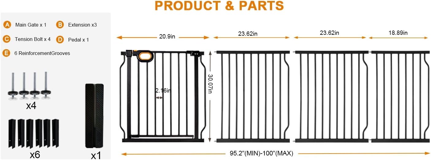 Baby Gates Extra Wide for Large Opennings with Door Pressure Mounted 90.6-95.2 Inch Extra Wide Baby Gate Dog gate for Doorways Indoor Metal Gate No Drilling with Walk-Through Door,White