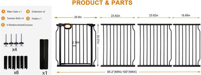 Baby Gates Extra Wide for Large Opennings with Door Pressure Mounted 90.6-95.2 Inch Extra Wide Baby Gate Dog gate for Doorways Indoor Metal Gate No Drilling with Walk-Through Door,White