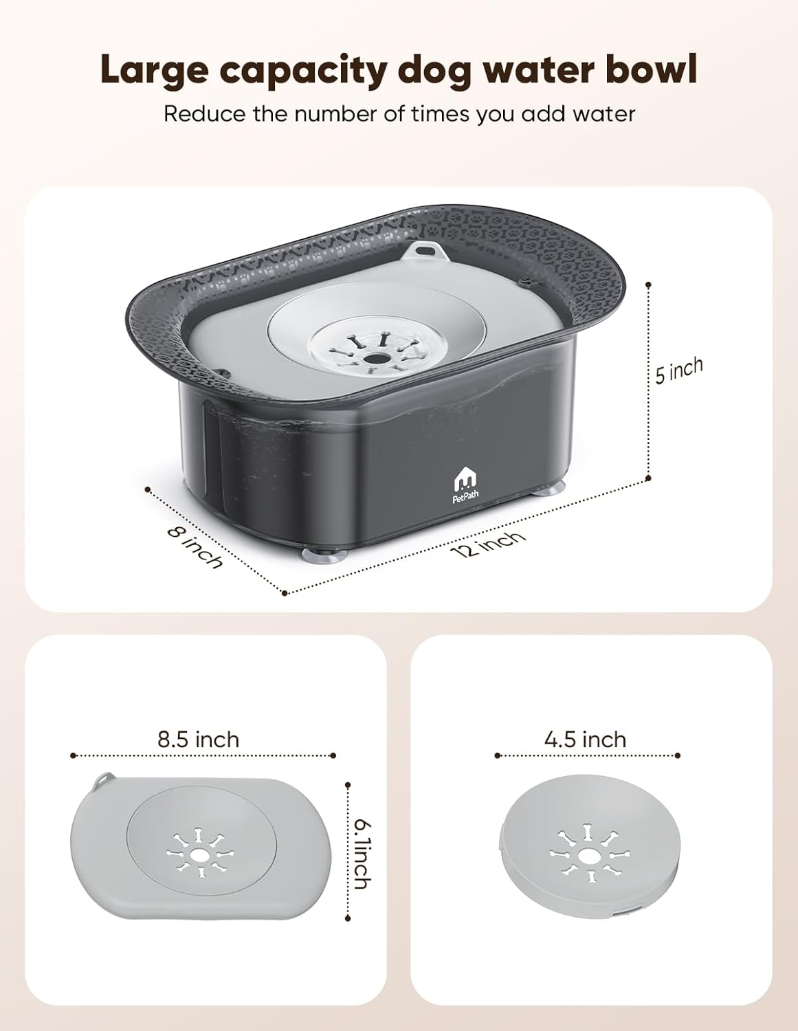 Dog Water Bowl, 2.2L No Spill Water Bowl for Dogs,with Suction Cup Foot Pad Reduce Refill, Anti Splash No Mess Dispenser Dripless Slow Drinking Water Bowl for Sloppy Messy Drinkers (Gray)