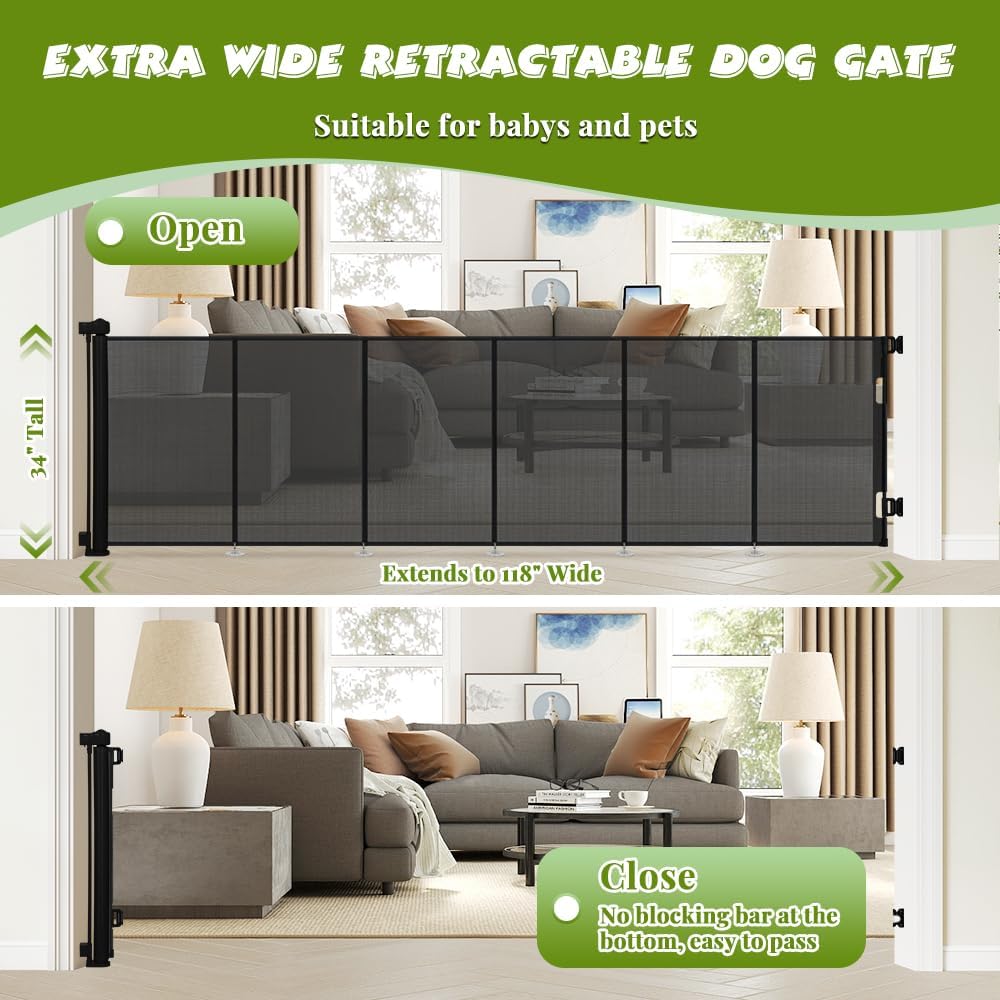 47" Extra Tall Retractable Baby Gates, Extends to 71" Wide, ExtraTall Retractable Safety Gate with Reinforced Strips, Retractable Tall Dog Gates for Doorways Mesh Baby Pet Gates Indoor, Grey