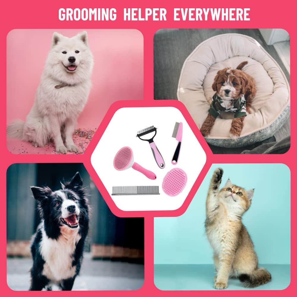 Dog Brush Grooming Kit 5PCS - Dog Brush for Shedding,Puppy Brush and Flea Comb for Dogs, Slicker Brush Comb and Dog Hair Brush Set Blue, Grooming at Home or Travel