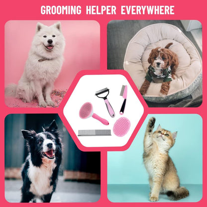 Dog Brush Grooming Kit 5PCS - Dog Brush for Shedding,Puppy Brush and Flea Comb for Dogs, Slicker Brush Comb and Dog Hair Brush Set Blue, Grooming at Home or Travel