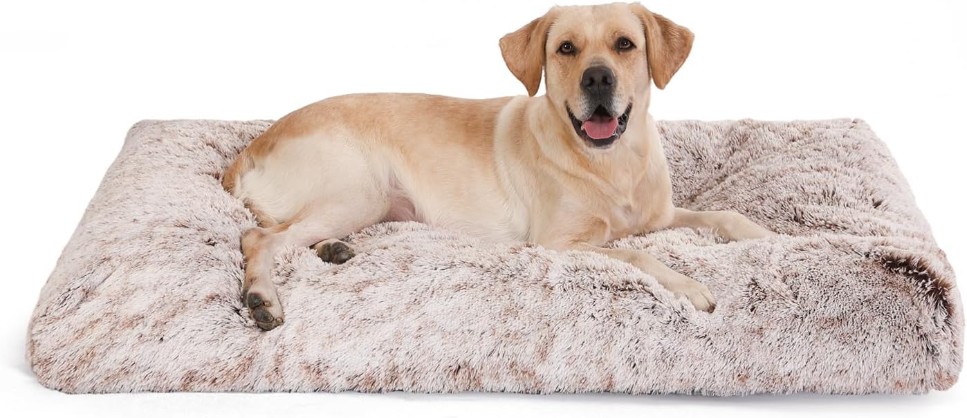 Bedfolks Waterproof Dog Crate Bed, Plush With Removable Washable Cover, Faux Fur Crate Pad for Medium Dogs, Fluffy Kennel 29"x21", Dark Grey