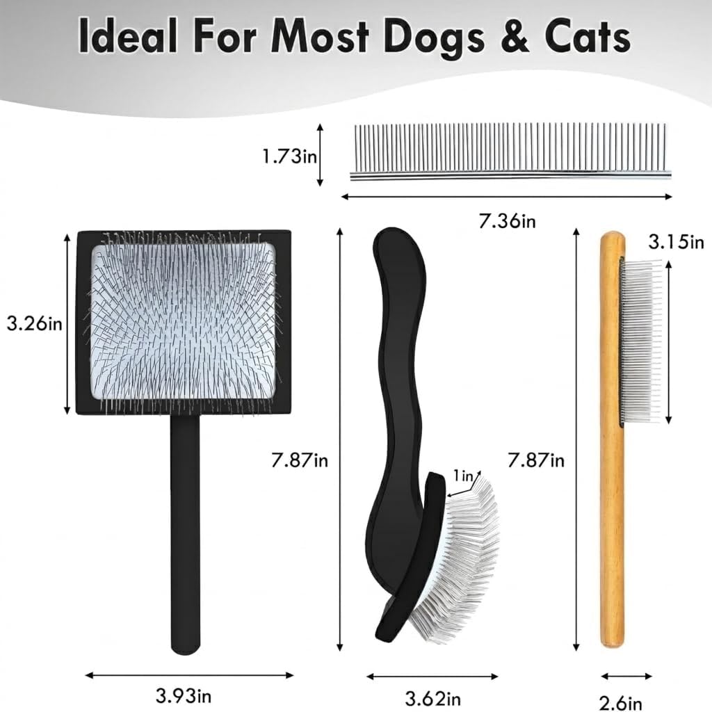 Slicker Brush for Dogs, Large Dog Grooming Brush for Doodles Goldendoodles Poodles Labradoodle Bernedoodles, Long Combs to Wavy & Curly Hair - Wooden Handle 3 Pcs - Nature