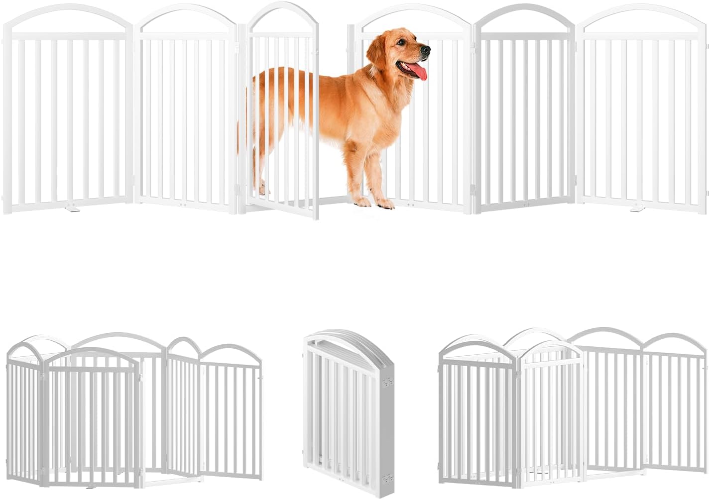 SNUOWU 4 Panels Full Matel Freestanding Dog Gates with Door, 96"Extra Wide 32"Tall Free Standing Dog Pet Gate for Indoor & Outdoor. Foldable Pet Fences for Doorways, House, Stairs, Porch, Deck, Yard