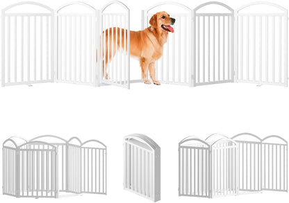 SNUOWU 4 Panels Full Matel Freestanding Dog Gates with Door, 96"Extra Wide 32"Tall Free Standing Dog Pet Gate for Indoor & Outdoor. Foldable Pet Fences for Doorways, House, Stairs, Porch, Deck, Yard