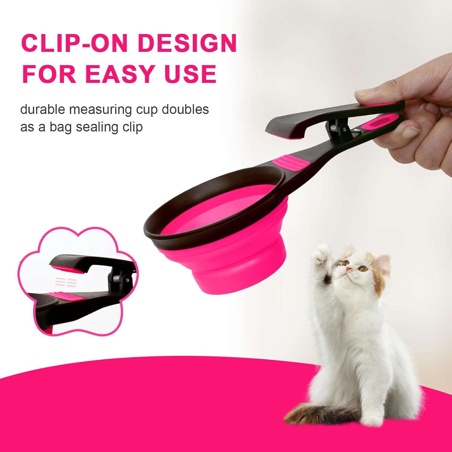 Collapsible Silicone Dog Food Scoop Foldable Pet Food Measuring Cup with Bag Clip 3 in 1 Multi-Function Silicone Dog Food Scooper (Rose Red, Medium)