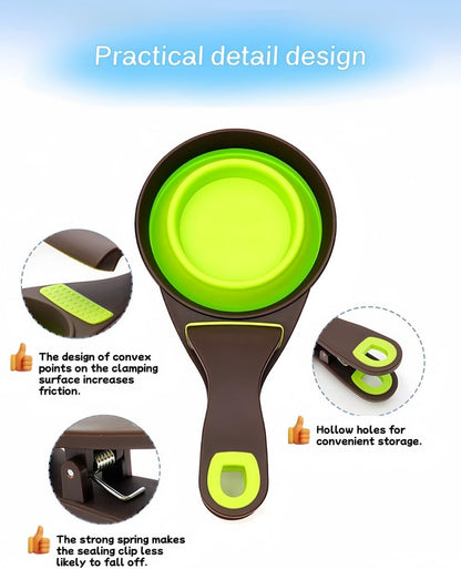 2 PCS Collapsible Pet Scoop Set,1 Cup & 1/2 Cup Capacity Silicone Measuring Cups with Sealing Clip,Multi-Function Scoop Bowls Bag Clip for Dog Cat Food Water.(Green,Pink)