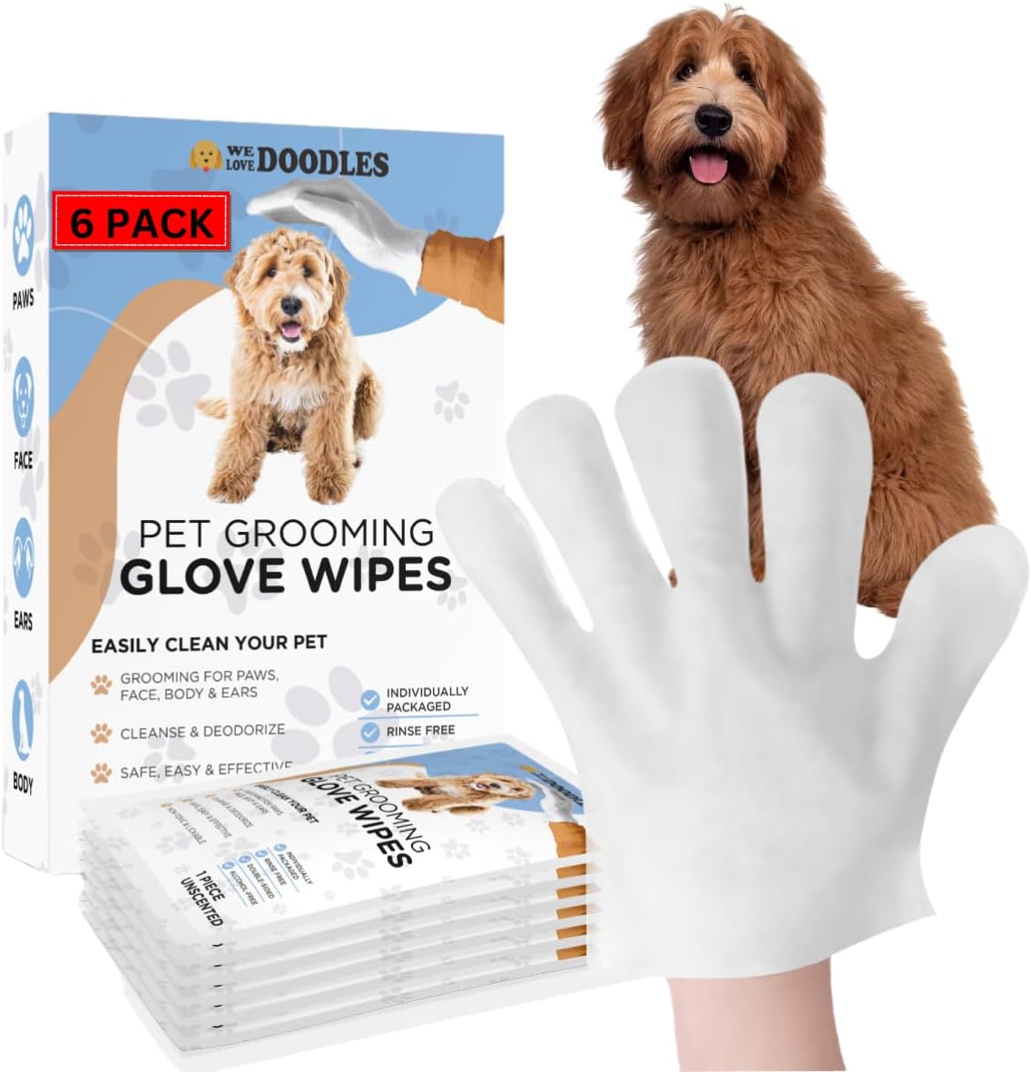 We Love Doodles Dog Cleaning Gloves Wipes - Pet Bathing Wipes for Dogs, Paws, Face, Body, Ears - Safe, Easy & Effective - Individually Packaged, Rinse-Free, Double-Sided, Alcohol-Free 12 PCS