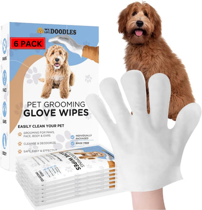 We Love Doodles Dog Cleaning Gloves Wipes - Pet Bathing Wipes for Dogs, Paws, Face, Body, Ears - Safe, Easy & Effective - Individually Packaged, Rinse-Free, Double-Sided, Alcohol-Free 12 PCS