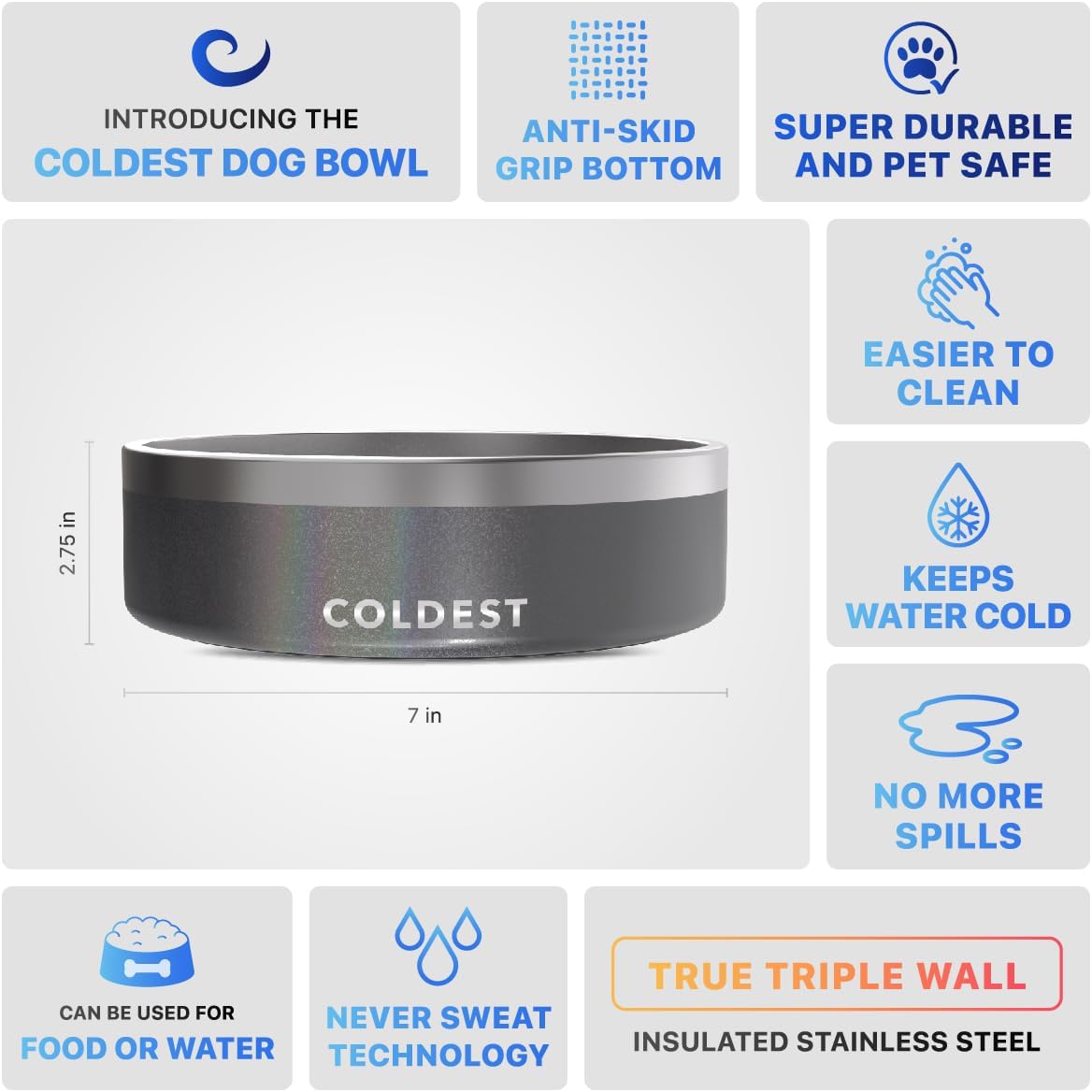 Coldest Dog Bowl - Anti Rust Metal, Non Slip, 3 Layers Insulated Stainless Steel Dog Bowls - Spill Proof & Heavy Duty - Water Bowl for Dogs, Cats & Pets, Dish Washer Safe (21 oz, Stealth Black)
