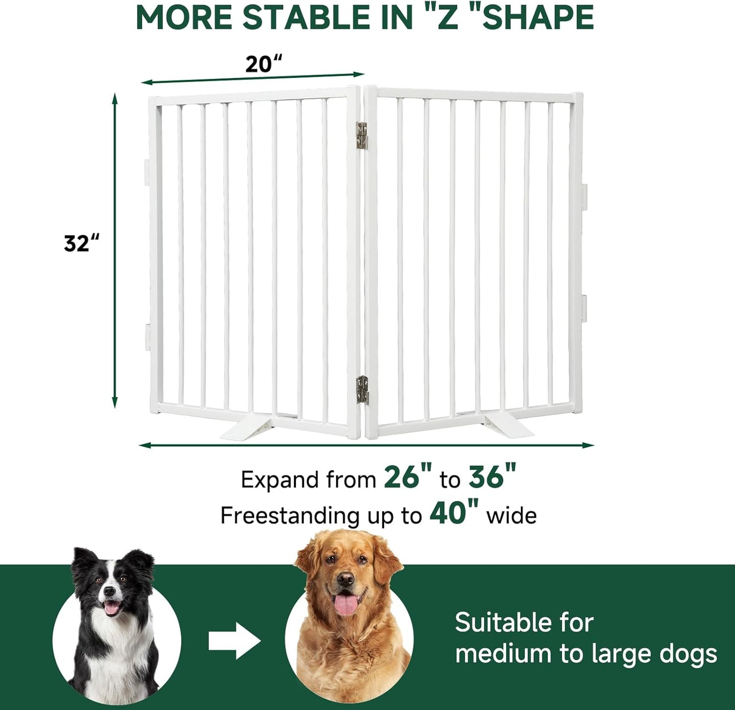 Snagle Paw Full Metal Freestanding Dog Gate,Indoor Dog Gate with Floor Protect Support Feet, 40x24 Inches Foldable Dogs Barrier for Stairs, Hallways and Doorways (24'' H 2 Panel, White