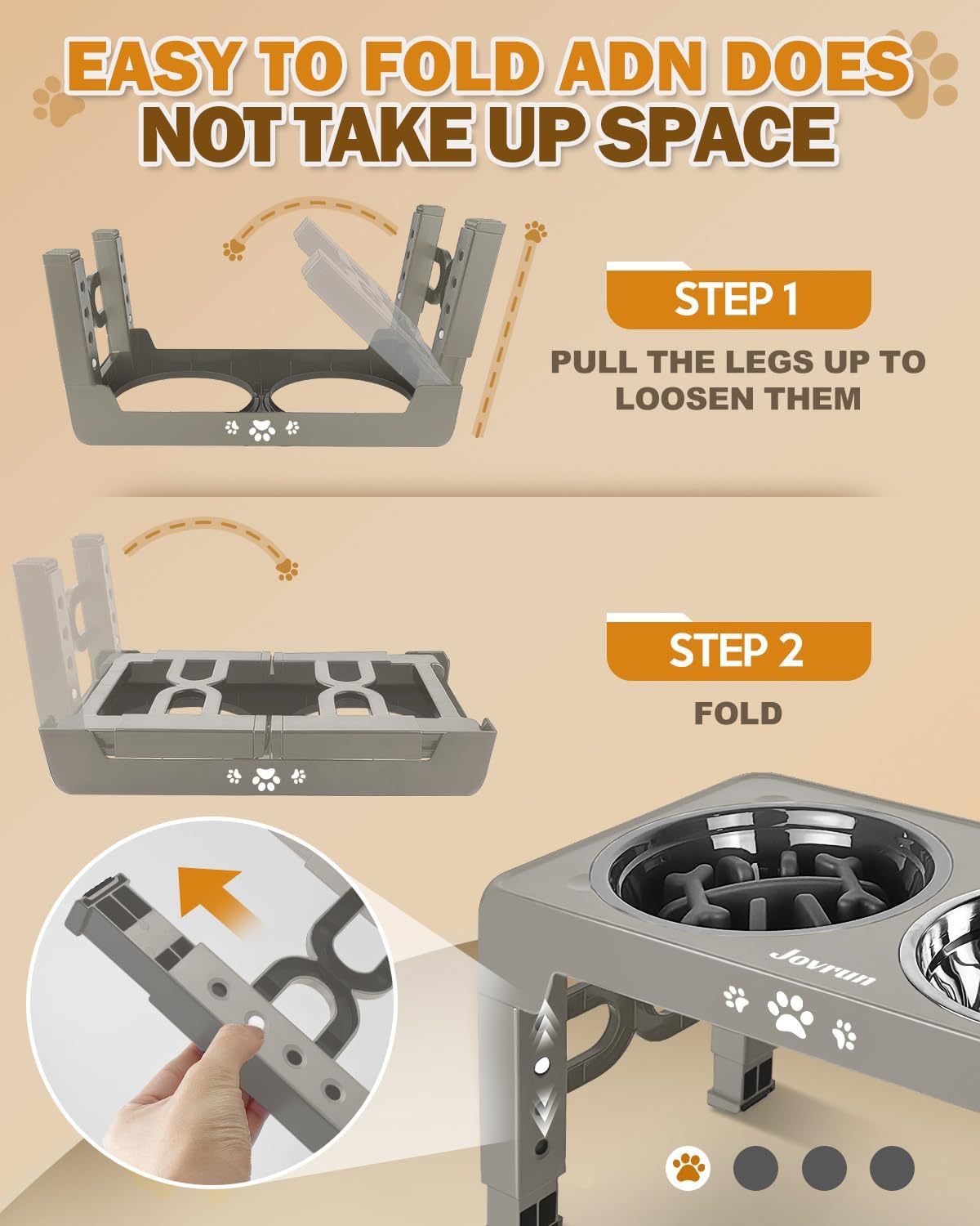 Jovrun Elevated Dog Bowls for Small Dogs and Cats, Non-Slip Cat Bowls with 2 Thick 5.5" Stainless Steel Dishes, Dog Feeder 2 Heights Adjustable to 2.6"-5.3"