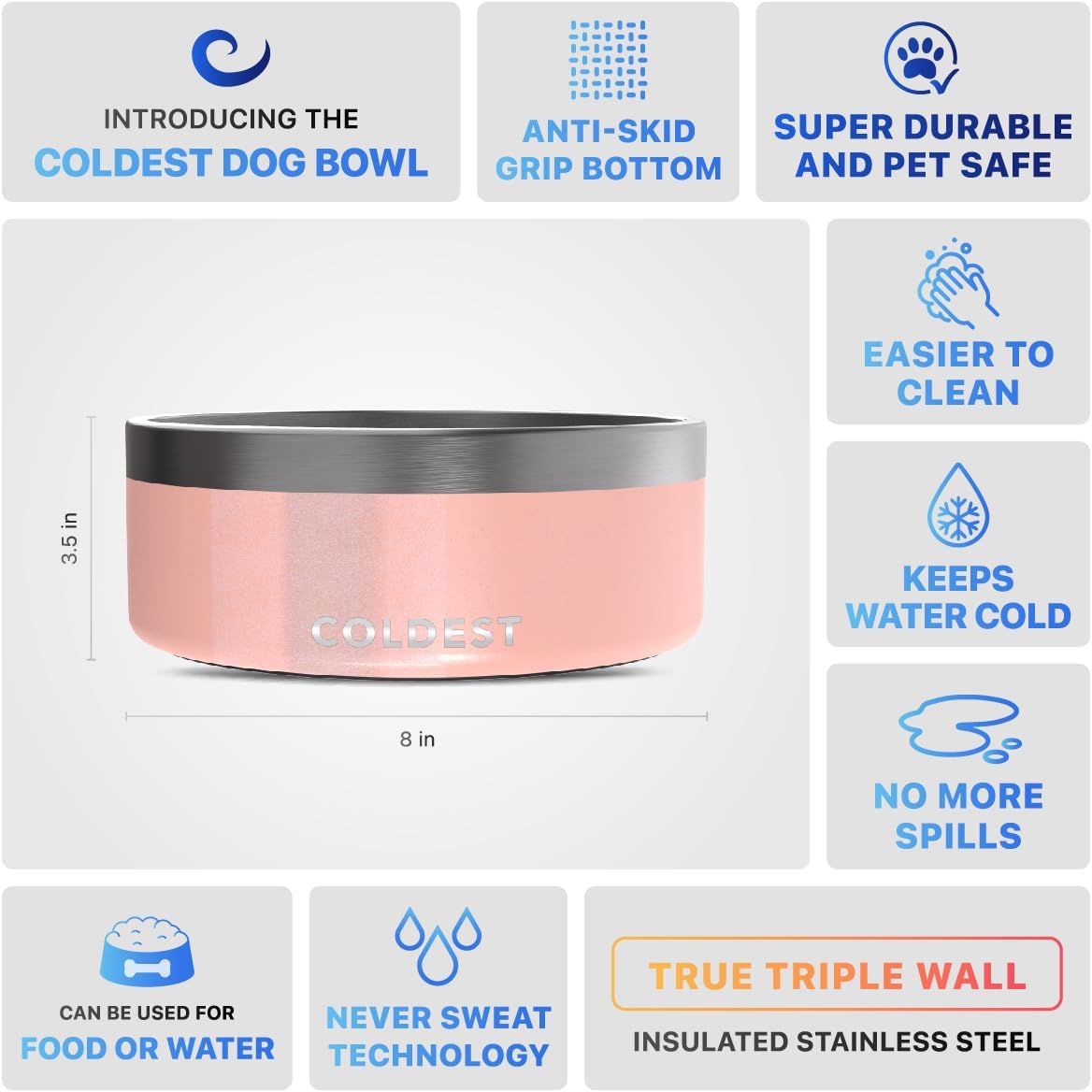 Coldest Dog Bowl - Anti Rust Metal, Non Slip, 3 Layers Insulated Stainless Steel Dog Bowls - Spill Proof & Heavy Duty - Water Bowl for Dogs, Cats & Pets, Dish Washer Safe (21 oz, Stealth Black)