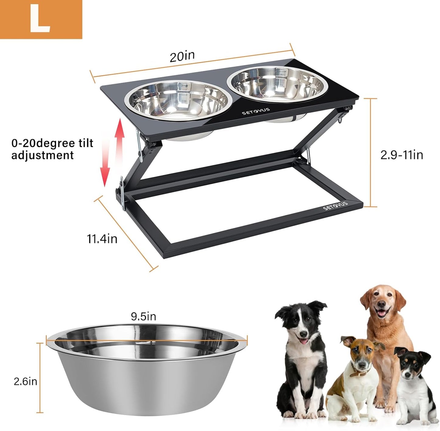 Elevated Dog Bowls, Adjustable Raised Dog Bowl Stand with 2 Stainless Steel Food Bowls 20°Tilted Water Bowls for Medium Small Sized Dogs (Black, Medium)