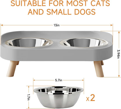 Elevated Cat Bowl, Raised Cat Food and Water Bowl Set for Indoor Cats, Splash Proof with 2 Stainless Steel Pet Food Bowls for Cats and Puppies, Whisker Fatigue and Dishwasher Safe - White
