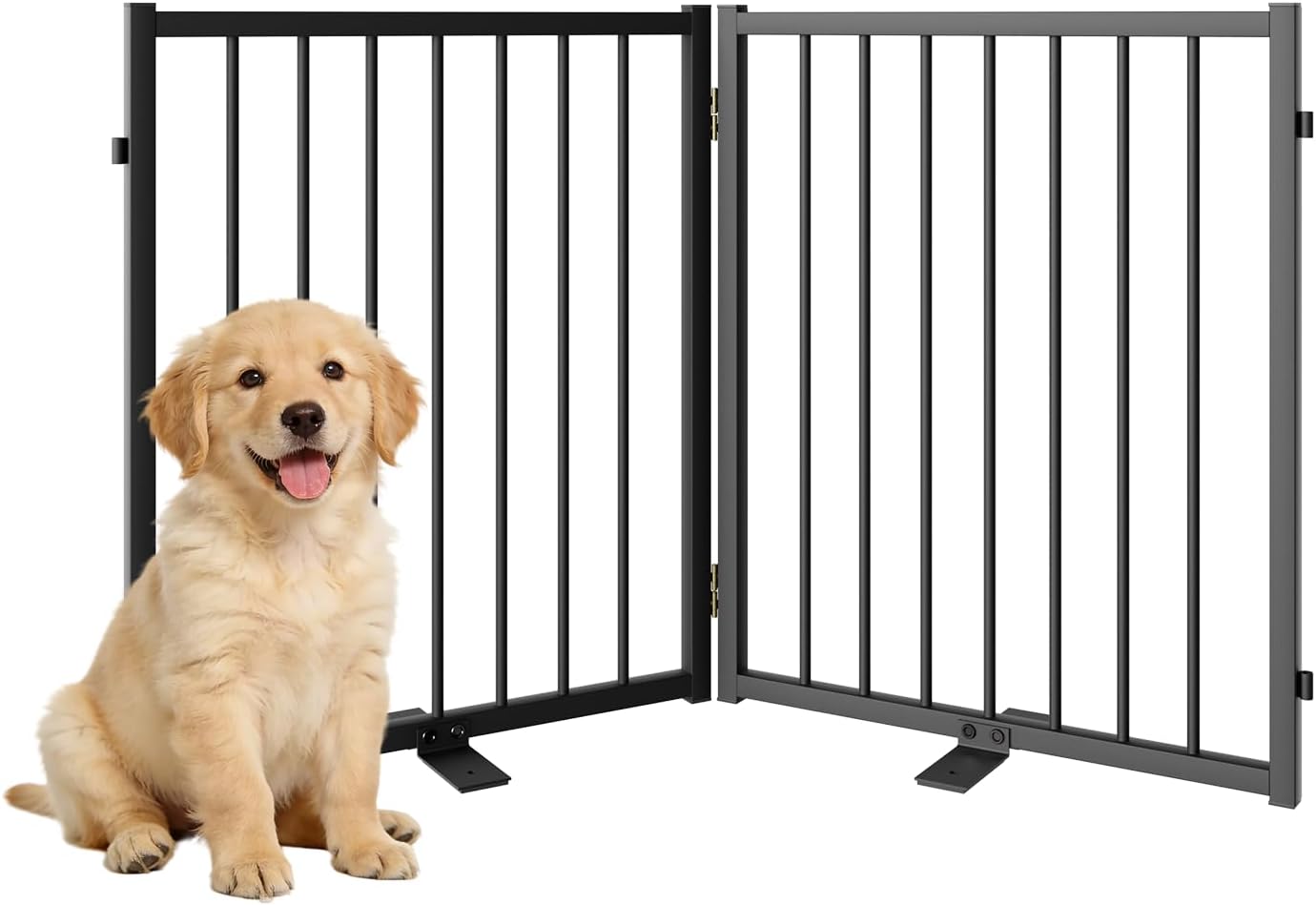 SNUOWU Full Metal Freestanding Dog Gate with Door, 32''Height Foldable Pet Dog Fence for Indoor & Outdoor, 4 Panels Extra Wide Free Standing TallDog Gates for Doorways,House,Stairs,Porch,Deck,Yard