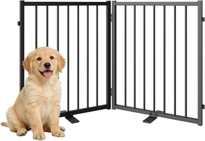 SNUOWU Full Metal Freestanding Dog Gate with Door, 32''Height Foldable Pet Dog Fence for Indoor & Outdoor, 4 Panels Extra Wide Free Standing TallDog Gates for Doorways,House,Stairs,Porch,Deck,Yard