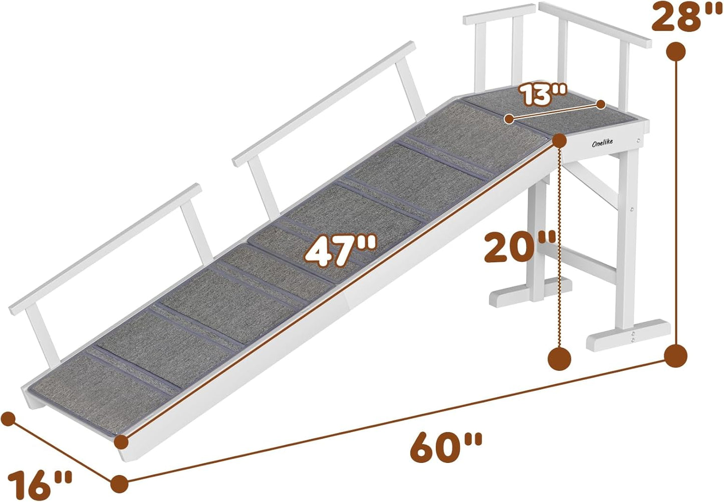 Onelike Wooden Dog Ramp for Bed with Removable Side Rail and Non-Slip Carpet, Stable Pet Ramp Stair for Couch Sofa for Small & Large & Senior Dogs, 74" Long Ramp Brown