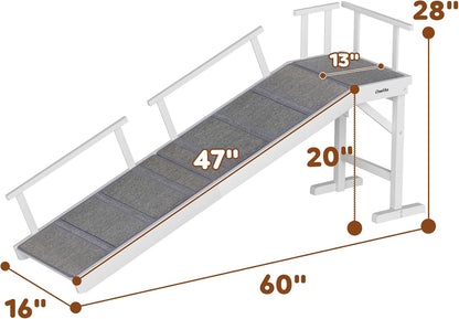 Onelike Wooden Dog Ramp for Bed with Removable Side Rail and Non-Slip Carpet, Stable Pet Ramp Stair for Couch Sofa for Small & Large & Senior Dogs, 74" Long Ramp Brown