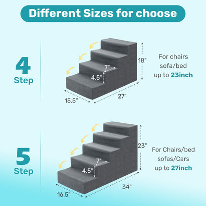 Heeyoo Dog Stairs for Small Dogs,5-Step Dog Steps for High Bed and Couch, High-Density Foam Pet Steps with Supporting Board, Non-Slip Removable Washable Cover, Grey