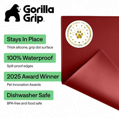 GORILLA GRIP 100% Waterproof Raised Edge BPA Free Silicone Pet Feeding Mat, Dog Cat Food Mats Contain Spills Protects Floors, Placemats for Cats and Dogs Water Bowl, 18.5x11.5, Gray