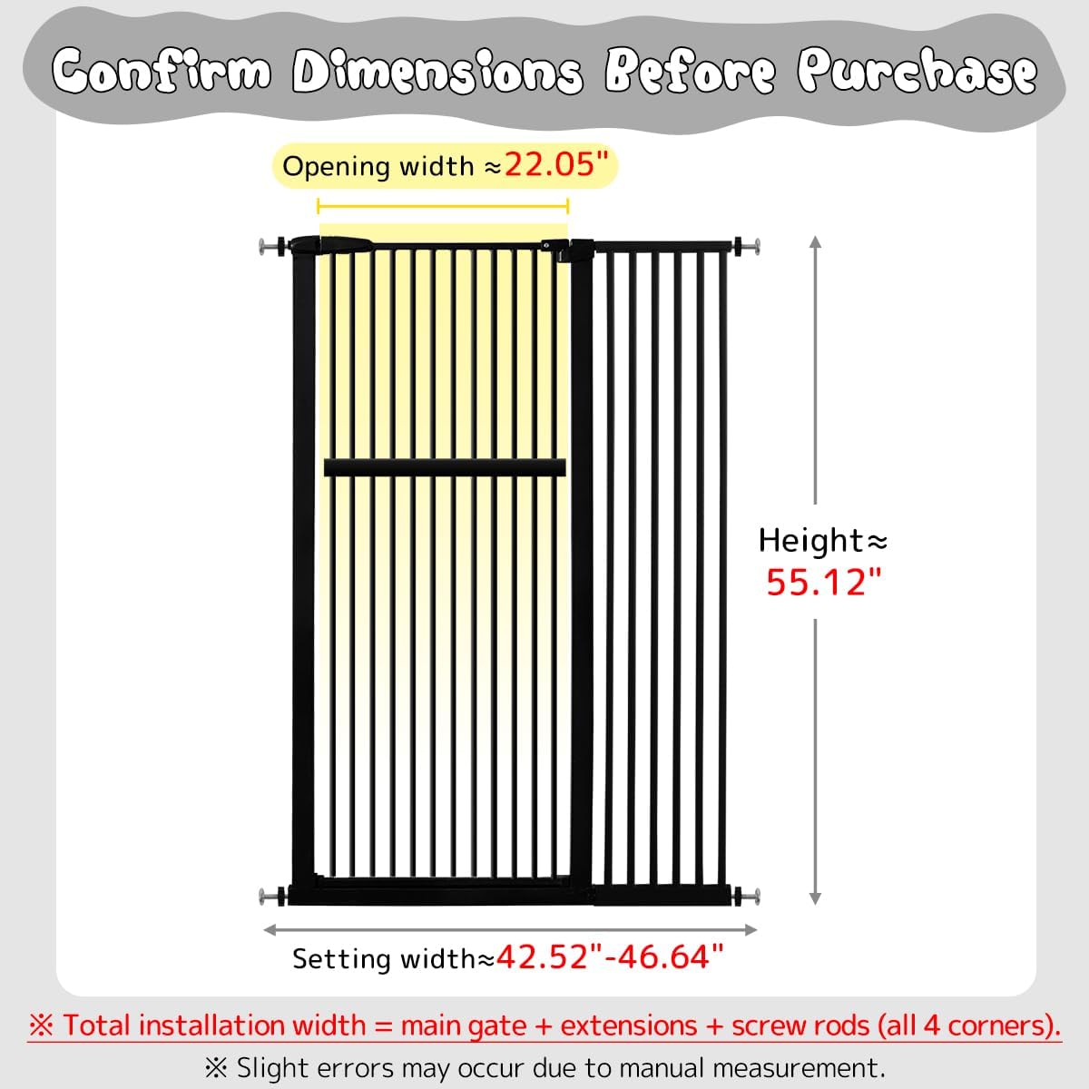 Lumizone Extra Tall Cat Gate 61.02" High Pressure Mounted Extra Wide 30.12"-34.05" (17Sizes) 1.37" Gap No Drilling Auto-Close Tall Pet Gate for Dogs (Black, 30.12"-34.05" W)
